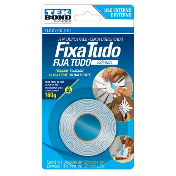 Fita Dupla Face Fixa Tudo (Espuma) 12mm TekBond 1,5m